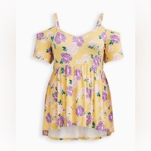 Torrid Super Soft Yellow Purple Floral Cold Shoulder Top